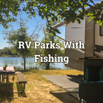 An RV next to a lake.