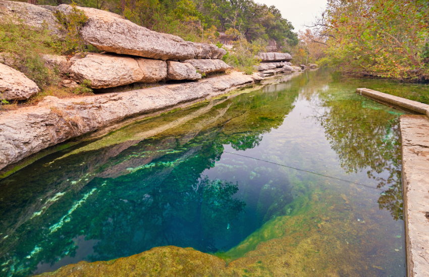 a clear water with rocks and trees