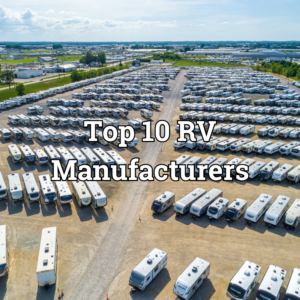 An RV lot from above with a blog title on it