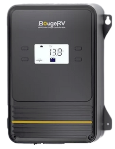 A black solar charge controller with a yellow line at the bottom and a LCD screen.