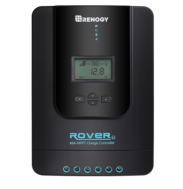 A black solar charge controller with blue writing on the front.