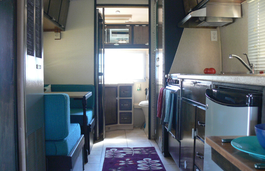 The interior an older RV.