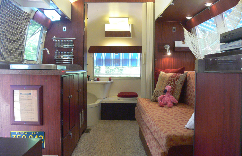 Dark wooden panels in a retro camper.