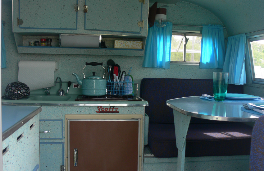Camper Decor Ideas#1 A blue vintage camper interior.