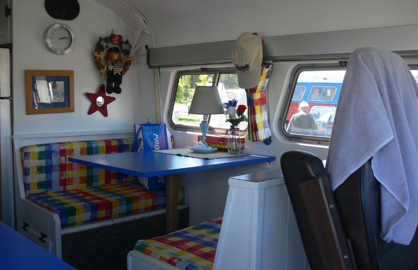 Camper Decor Ideas#13 Multicolored dinette in a vintage camper.