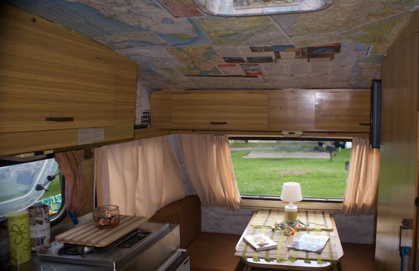 Camper Decor Ideas#14 Maps on a camper ceiling.