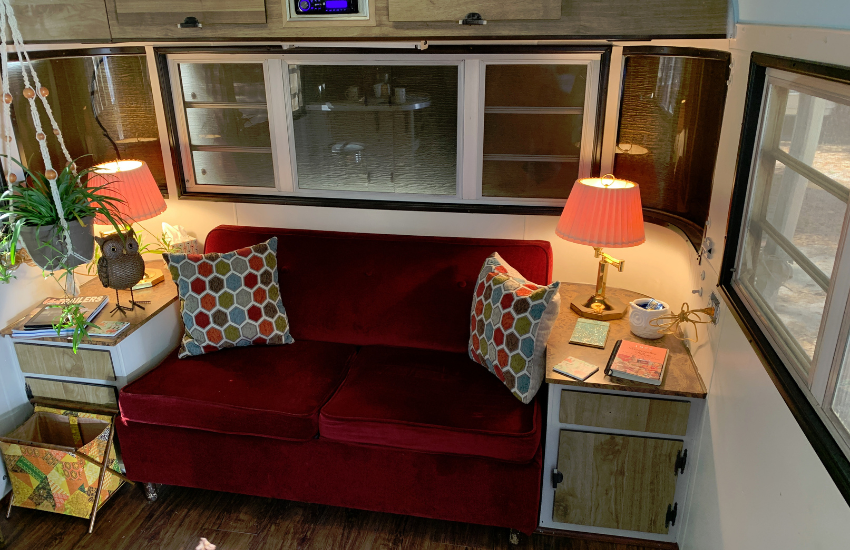 Camper Decor Ideas#7 Red sofa in vintage RV.