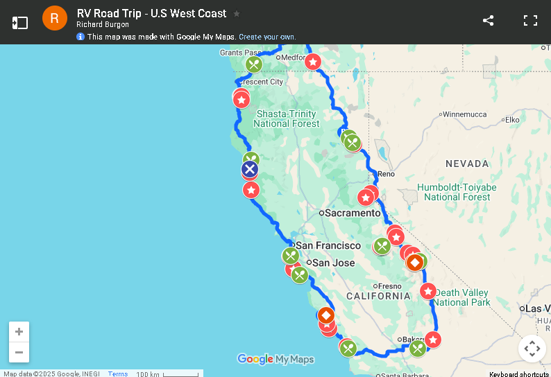 An image of an RV route around California