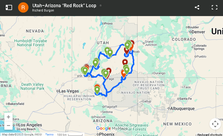 An RV route marked on a map in Arizona and Utah.
