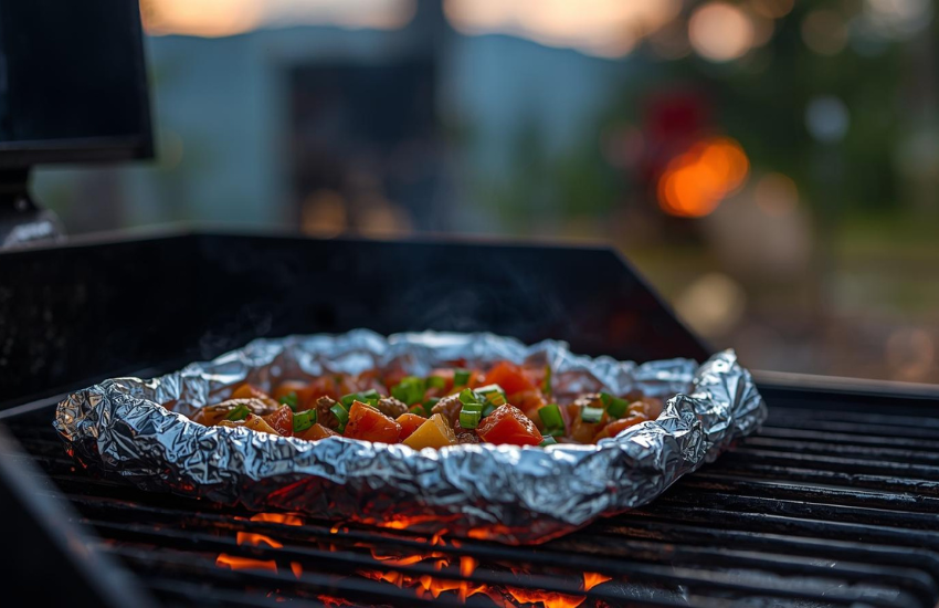 A foil packet dinner cooking on a camping grill.