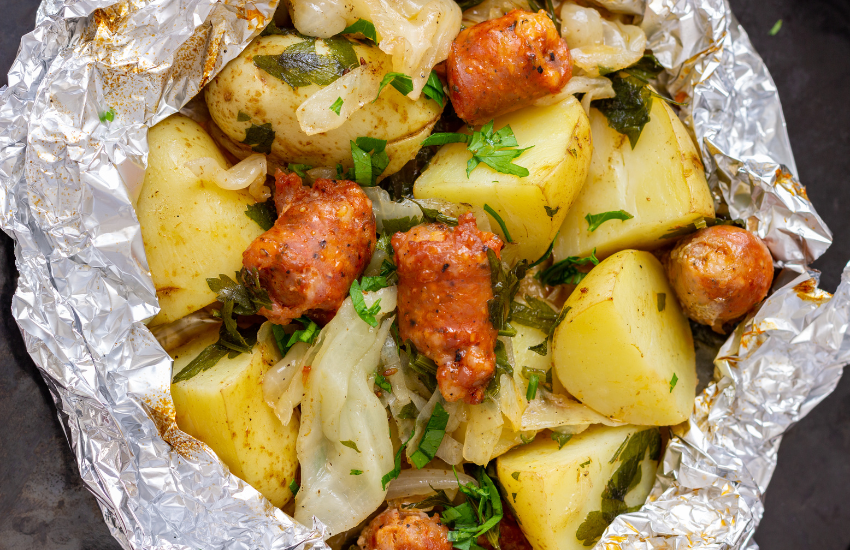 A camping meal in a foil packet.