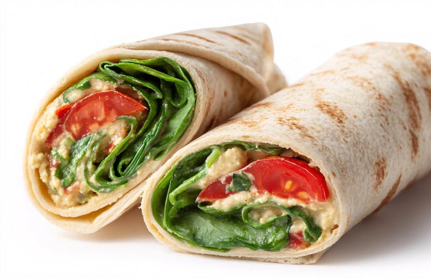 A wrap filled with hummus and salad.