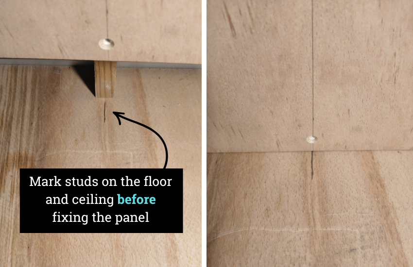 Plywood sheet being fixed to an RV wall.