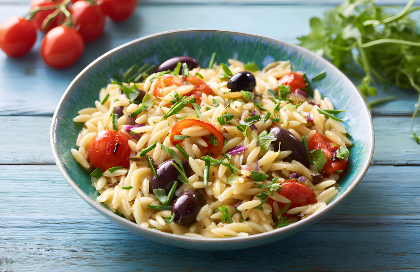 A bowl filled with orzo salad.