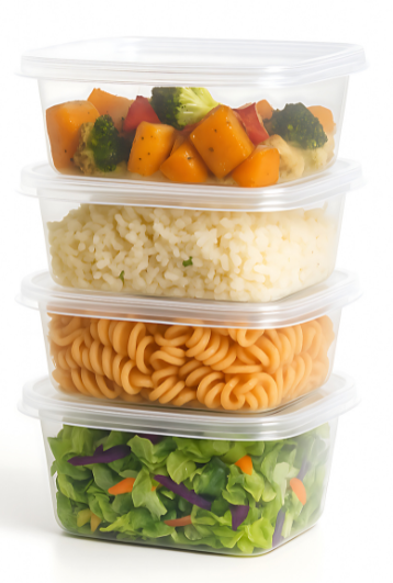 Prepared food in four plastic containers.